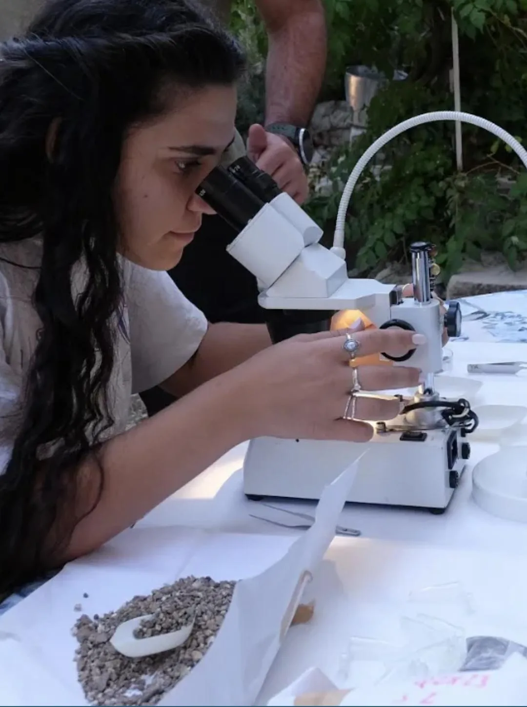 Archaeologist examining archaeobotanical material under a stereomicroscope