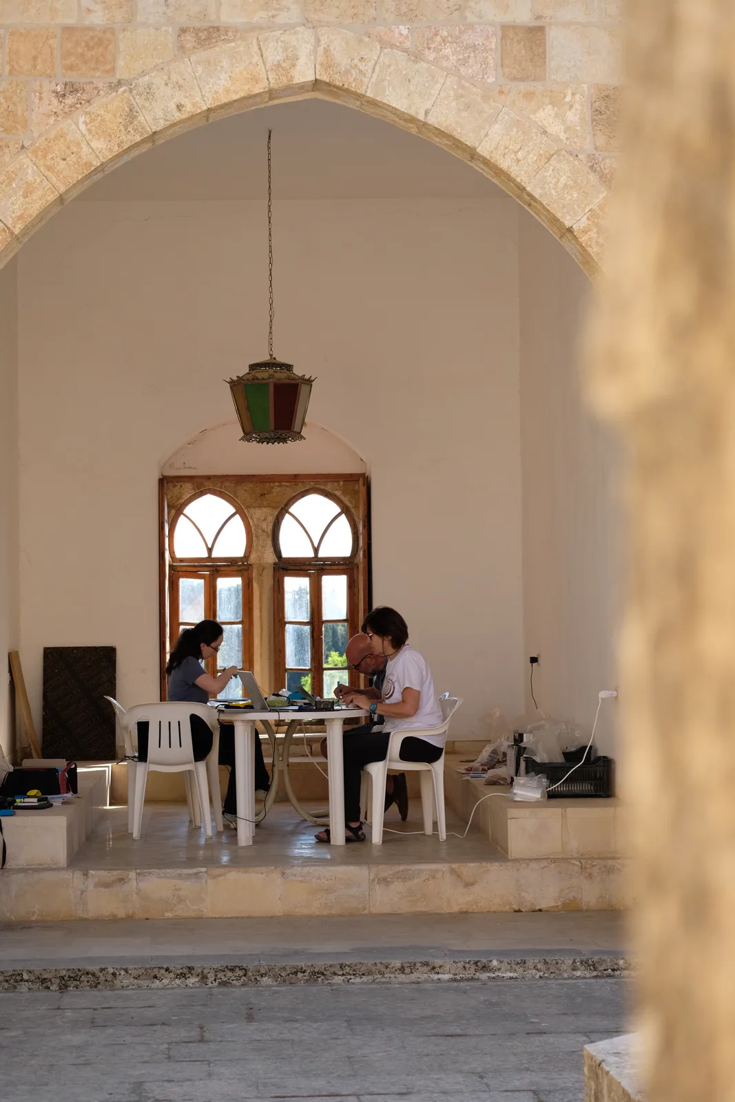 Pottery documentation workshop set up under the arched portico at Beiteddine palace
